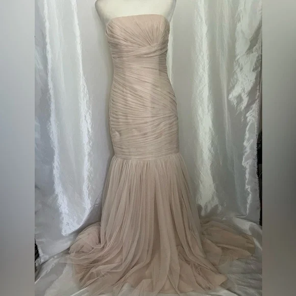 NWT David’s Bridal Galina Pleated Tulle Mermaid Champagne Wedding Dress Size 8 - Picture 4 of 9